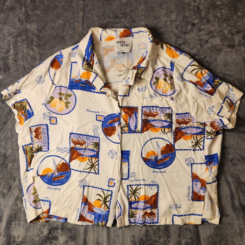 Paper Heart XL La Dolce Vita Postcard Print Rayon Linen Button Down Shirt Cream